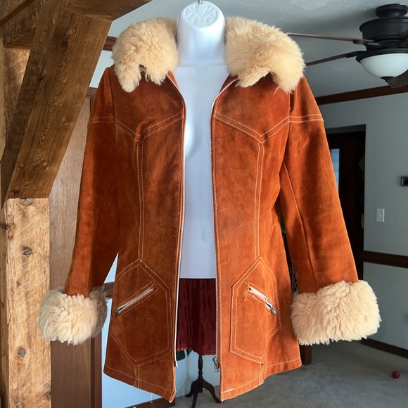 Vintage 1970s Brown Suede Leather Fur Lined Penny Lane Jacket XS - Picture 6 of 17